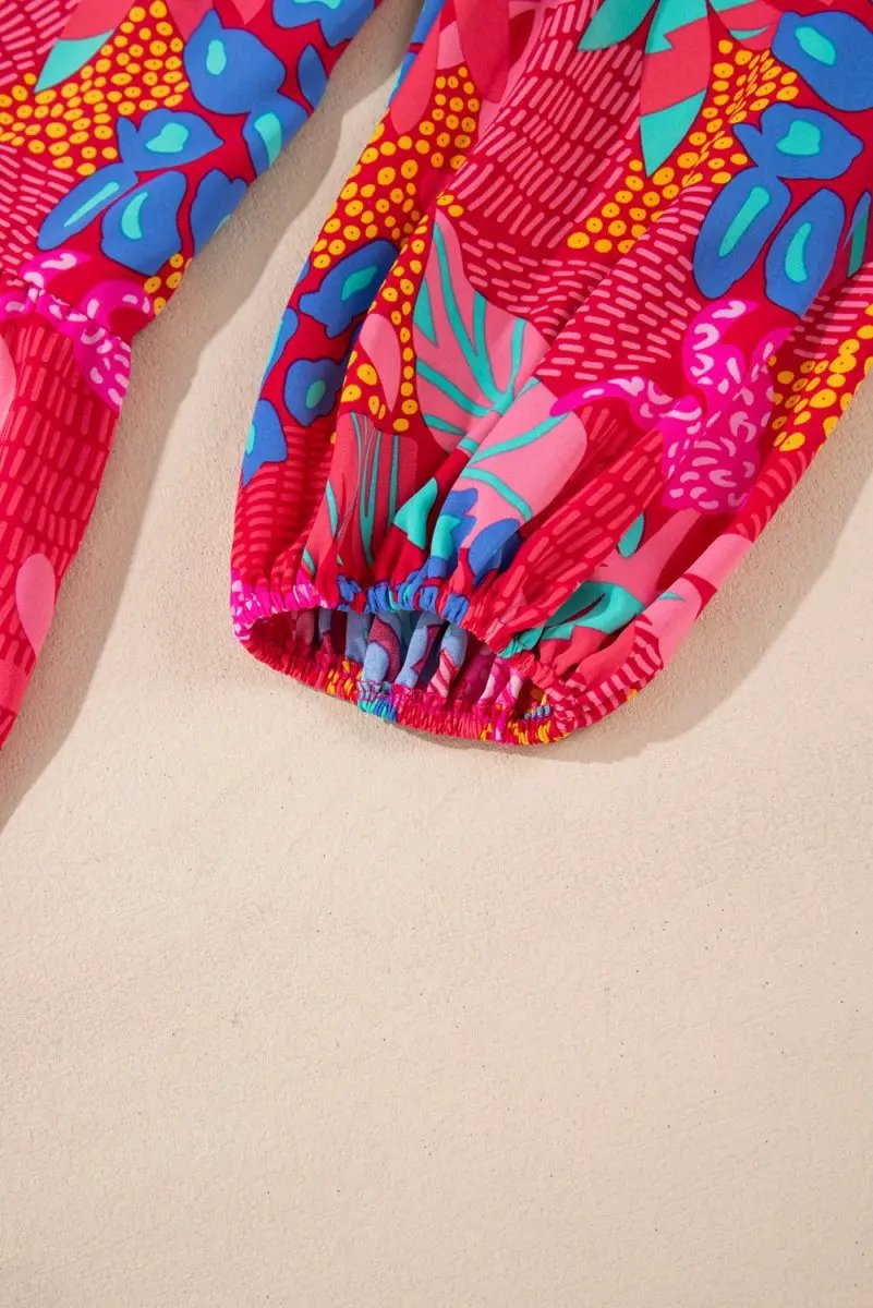 Rose Tropical Printed Lantern Sleeve V Neck Ruffled Plus Size Mini Dress - Love Salve